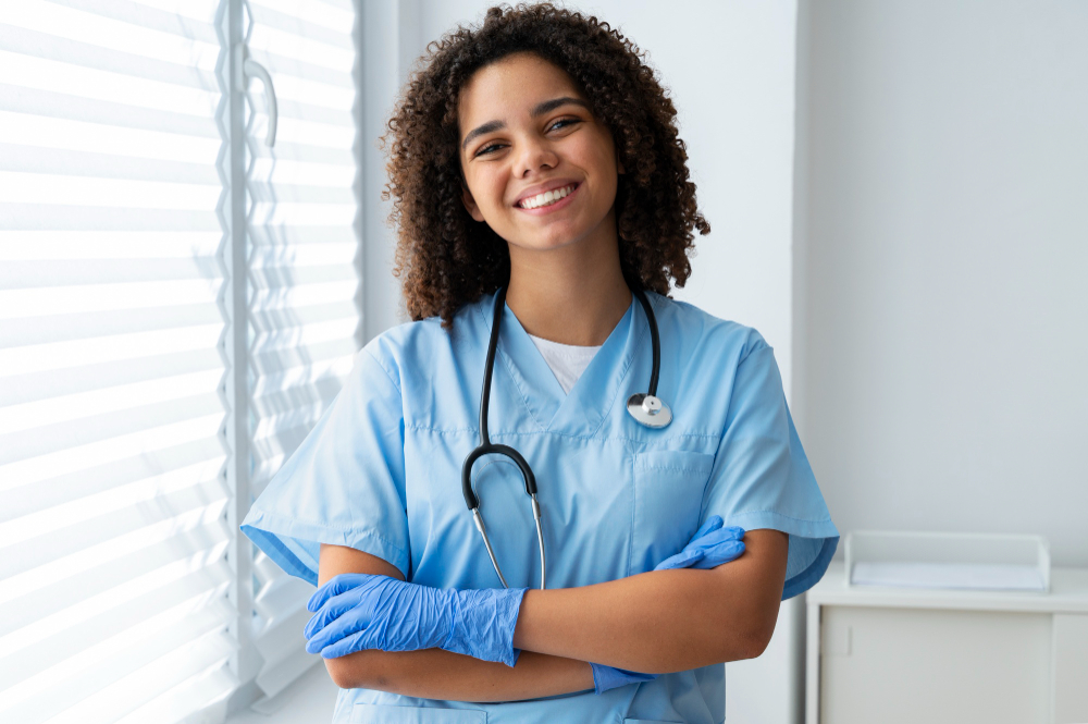 Médica com jaleco azul sorrindo