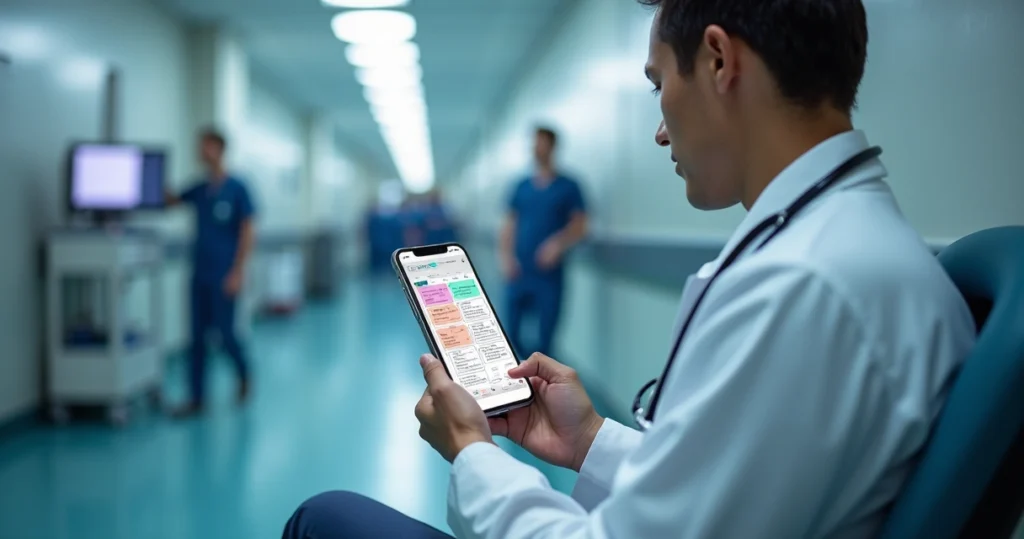 Médico consultando aplicativo médico Whitebook em smartphone durante plantão hospitalar